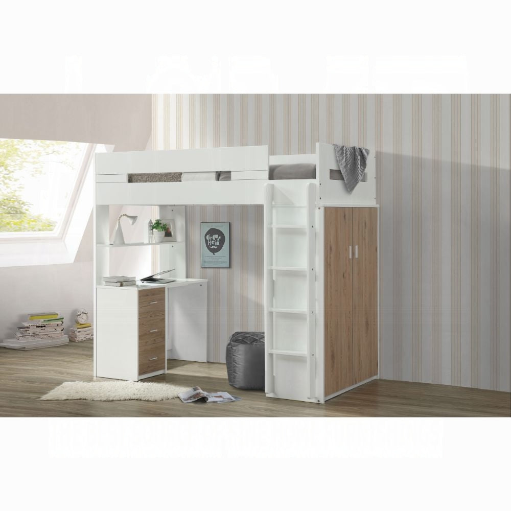 Lit mezzanine double Lilo avec poste de travail et garde-robe - Blanc/Chêne