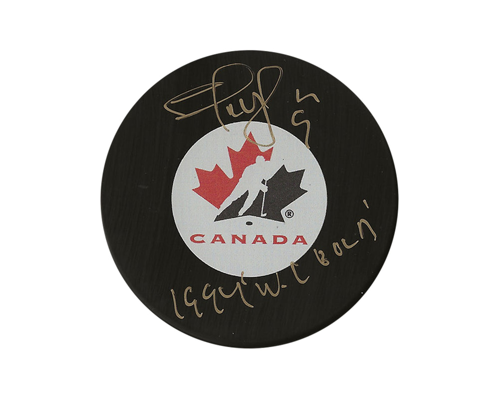 Palet de hockey dédicacé Shayne Corson Équipe Canada Modèle autographié avec l'inscription « 1994 WC Gold »