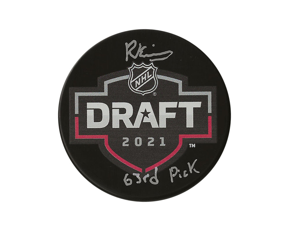 Palet de hockey Riley Kidney autographié - Repêchage LNH 2021 - Inscription « 63e choix »