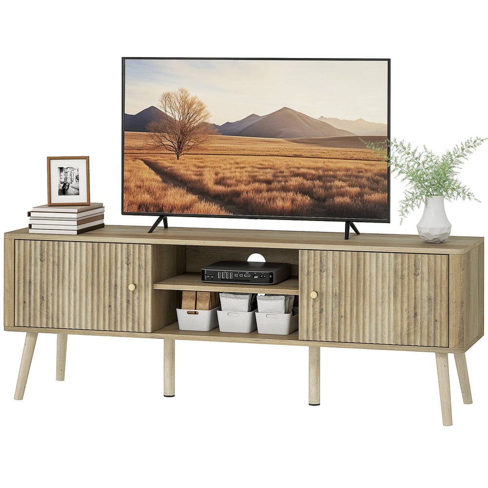 Meuble TV en bouleau pour téléviseurs jusqu'à 65 po avec étagères réglables et pieds en pin-Chêne