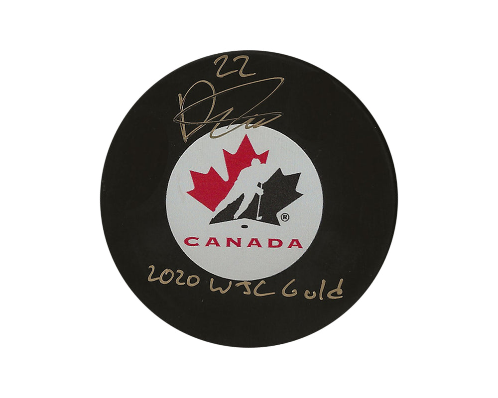 Palet de hockey Dylan Cozens autographié Équipe Canada, modèle autographié, avec l'inscription « 2020 WJC Gold »