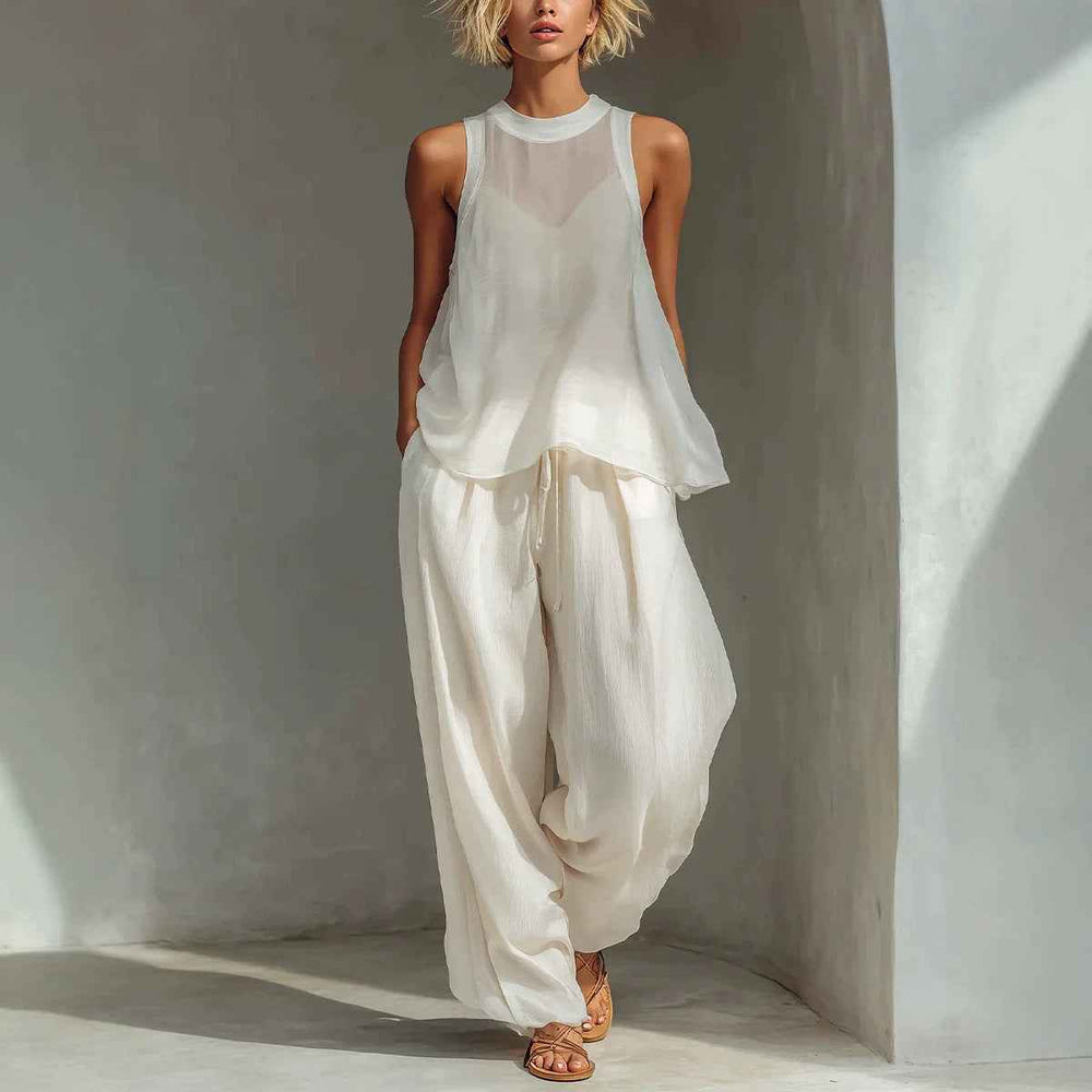 Sheer Round-neck Sleeveless Tank Top And Drawstring Wide-leg Pants Set