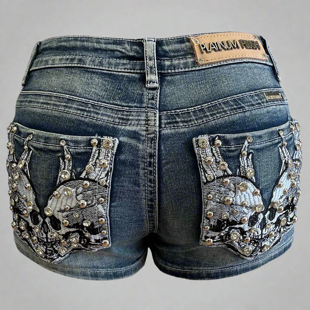 Short en jean Bus Stop orné de strass Tête de mort et Ailes pour femme