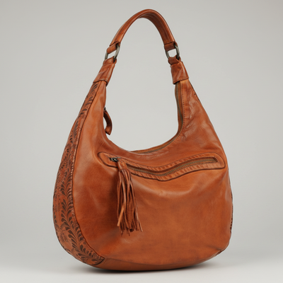 Sac à bandoulière en cuir de première qualité MET. Sac hobo élégant avec panneaux gravés au laser de motifs floraux et de feuilles