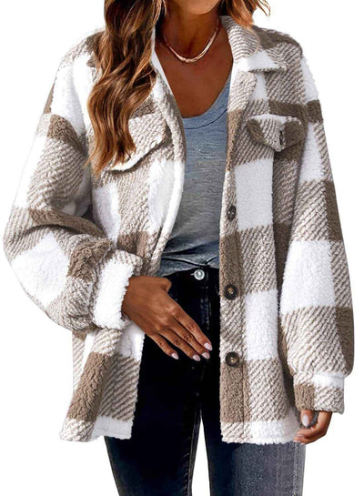Veste à col rabattu à carreaux avec poches, boutonnée, en laine pour femme - Automne/Hiver