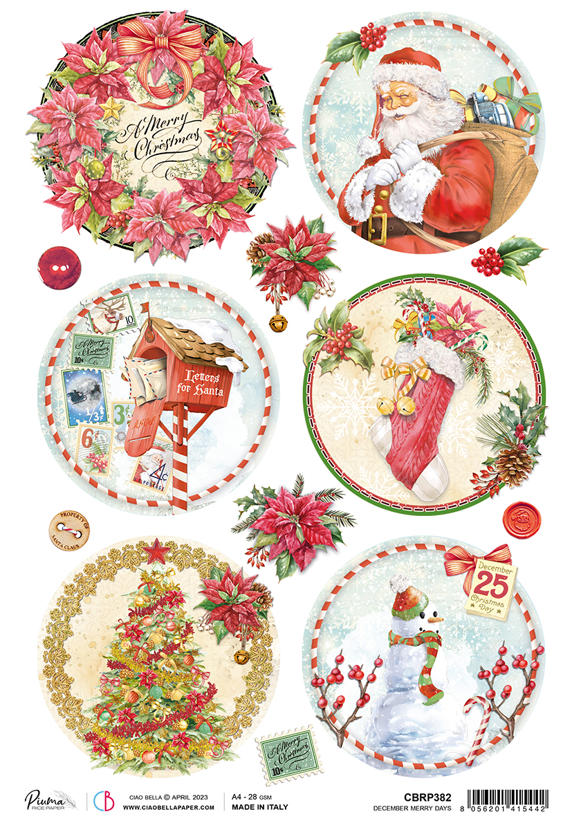 Ciao Bella Papier de Riz A4 Piuma December Merry Days - 5 Feuilles