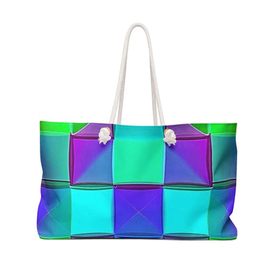 Teal Purple Geometric Pattern Weekender Bag | Colorful Cube Design, Large Tote Bag