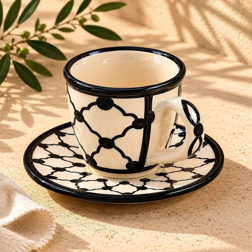 Ensemble de tasses à café arabe Keffieh palestinien – 6 tasses et soucoupes en céramique