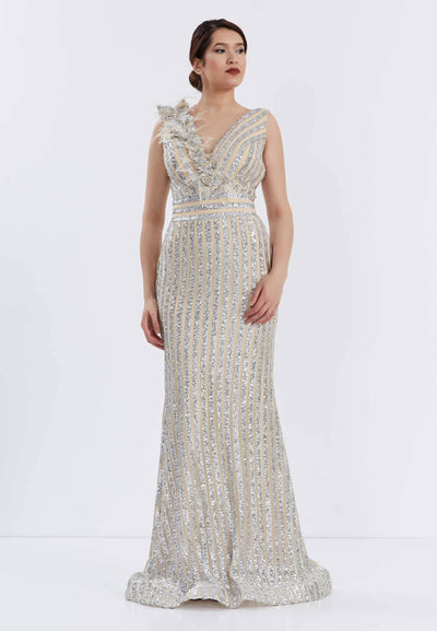Robe de Soirée Longue Moulante à Sequins Sans Manches - Argent Beige
