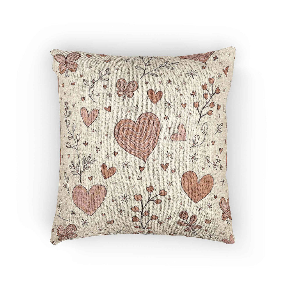 Scattered Hearts Woven Pillow | Boho Vintage Heart Pattern Cushion