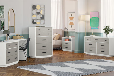 Grande commode haute à 5 tiroirs blanche et grise (livraison aux États-Unis seulement)