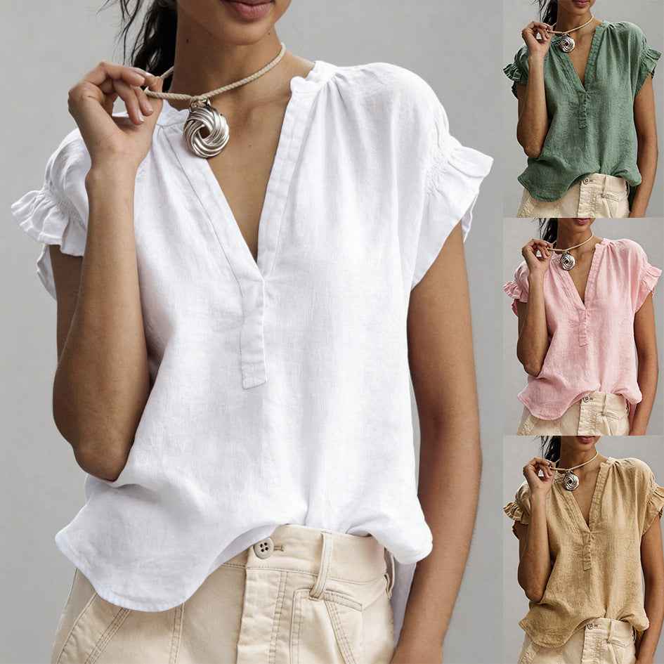 Blouse d'été décontractée pour femme, en coton et lin, col en V, manches courtes à volants, couleur unie, pour le bureau et le quotidien
