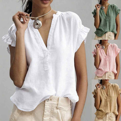 Blouse d'été décontractée pour femme, en coton et lin, col en V, manches courtes à volants, couleur unie, pour le bureau et le quotidien