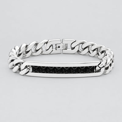 Bracelet de motard argenté en acier inoxydable avec texture diamant noir pour hommes