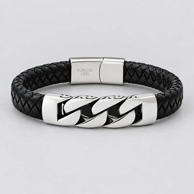 Men’s Stainless Steel & Black Braided Leather Greek Motif Biker Bracelet