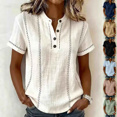 Blouse d'été rayée à manches courtes pour femme, col montant et col en V, boutonnée, décontractée