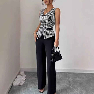Ensemble deux pièces pour femme : veste à pied-de-poule et pantalon uni – Costume décontracté ajusté sans manches
