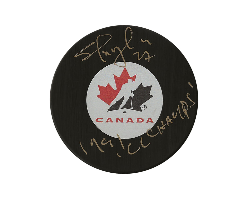 Rondelle de hockey modèle autographiée Shayne Corson Équipe Canada, dédicacée « 1991 CC Champs »