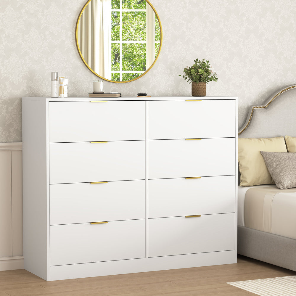 Commode à 8 tiroirs pour chambre à coucher, meuble de rangement moderne en bois, blanc (Livraison aux États-Unis seulement)