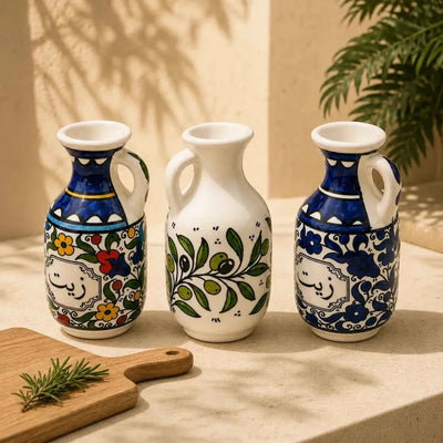 Ceramic Olive Oil Dispenser / Oil Jug – Zatoun, Colorful & Blue Floral 15cm