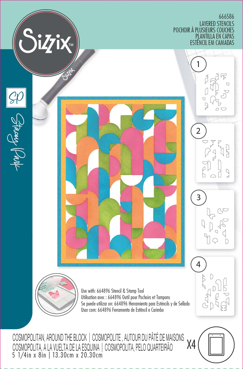 Pochoirs multicouches Sizzix A6 4 pièces Cosmopolitan, Around the Block par Stacey Park