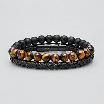 Ensemble 2 bracelets pour hommes. Cuir tressé brun et œil de tigre avec perles de lave noires