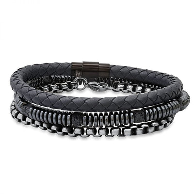 SteelTime Men's Black Leather and Stainless Steel Bracelets with Haematite and Lava Stone