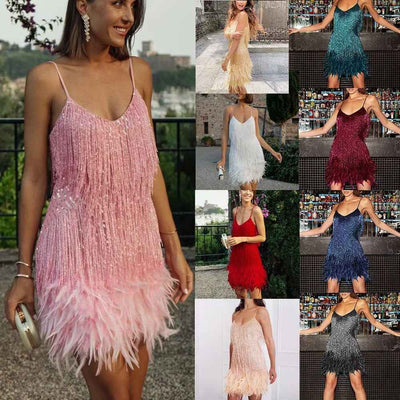 Women’s Sequin Feather Tassel Mini Dress – V-Neck Spaghetti Strap Evening Party Dress