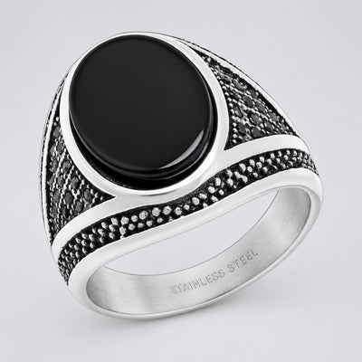 Men’s Stainless Steel Oval Black Stone Signet Ring. Biker Style with Textured Detail