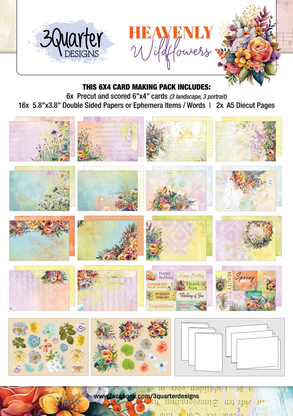 Lot de 6 Cartes 3Quarter Designs Fleurs Sauvages Célestes 6x4