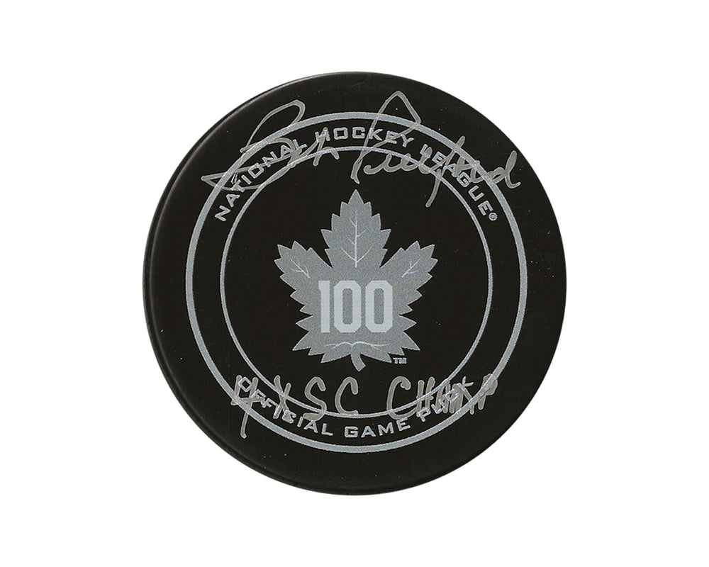 Palet de match officiel des Maple Leafs de Toronto 100e anniversaire, signé par Bob Pulford, avec l'inscription « 4x SC Champ »