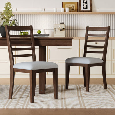 Farmhouse Ladder Back Dining Chairs Set of 2, Upholstered Rubber Wood, Beige and Walnut (United States Delivery Only)
