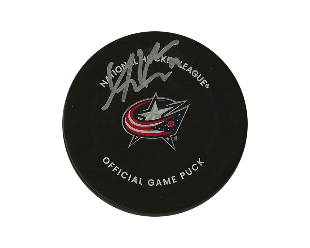 Palet de match officiel des Blue Jackets de Columbus autographié par Adam Fantilli
