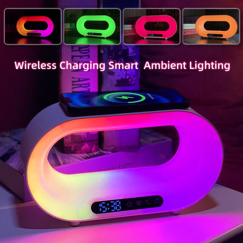 Lampe de bureau intelligente multifonction 3 en 1 : veilleuse LED, contrôle par APP RGB, chargeur sans fil et réveil