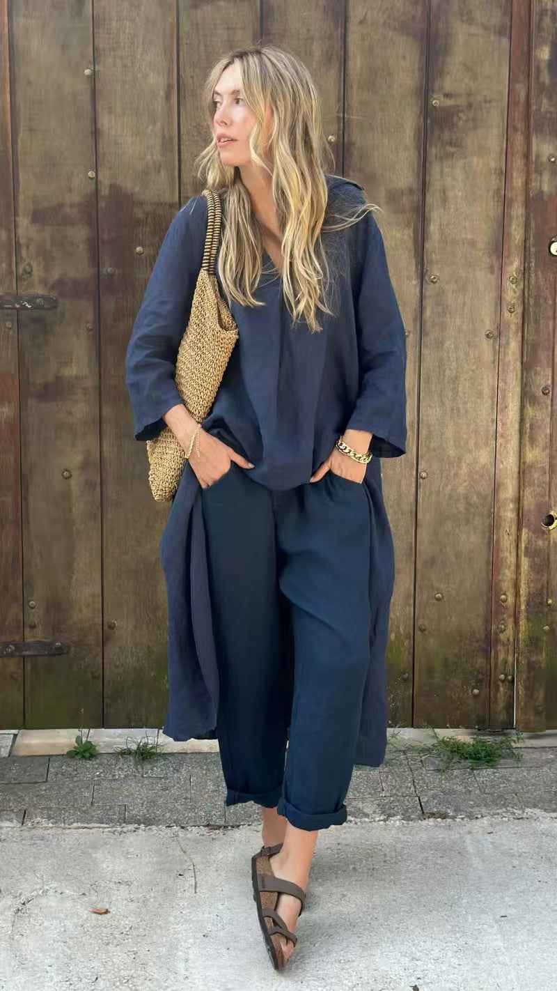 Ensemble 2 pièces à manches longues pour femme : haut long ample à col en V et pantalon large taille haute avec poches