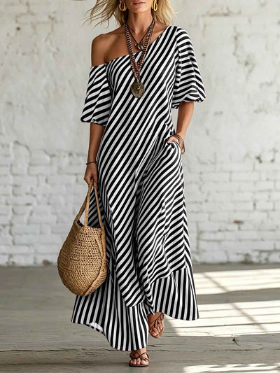 Robe Longue Rayée Asymétrique à Épaule Unique – Manches Bouffantes, Ourlet à Volants, Coupe Ample pour Vacances avec Poches
