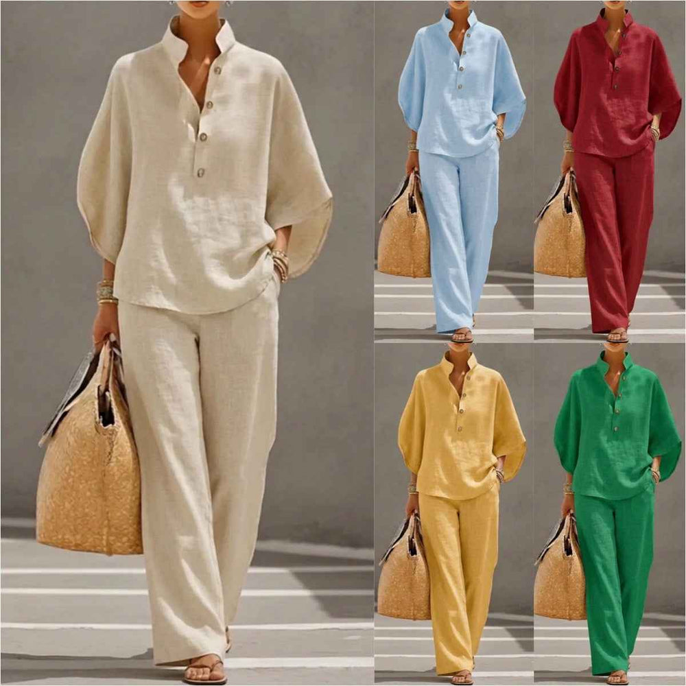 Ensemble d'été pour femme : haut ample à manches courtes et pantalon droit