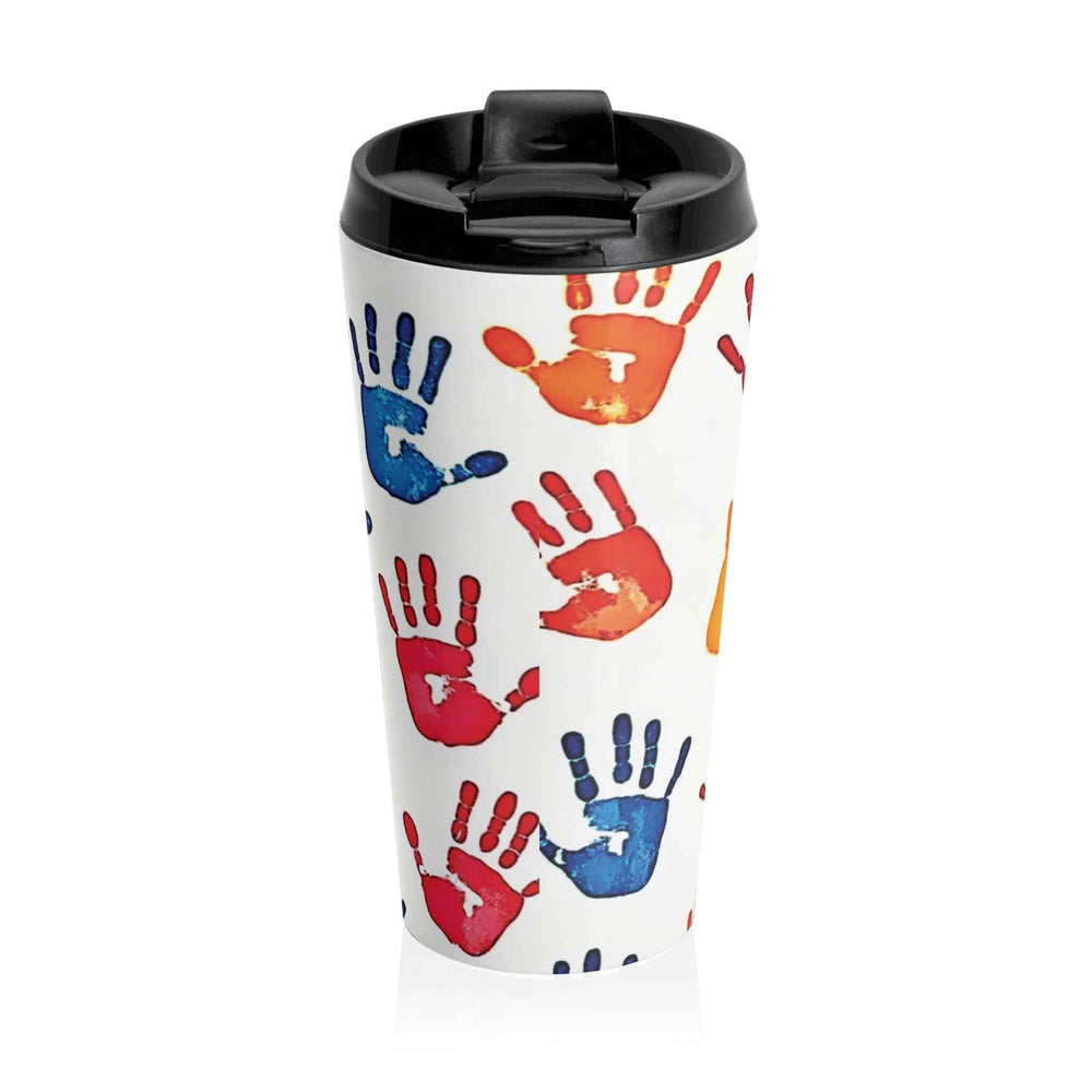Tasse de voyage colorée en acier inoxydable avec empreinte de main — Motif artistique pour enfants, gobelet à café anti-renversement