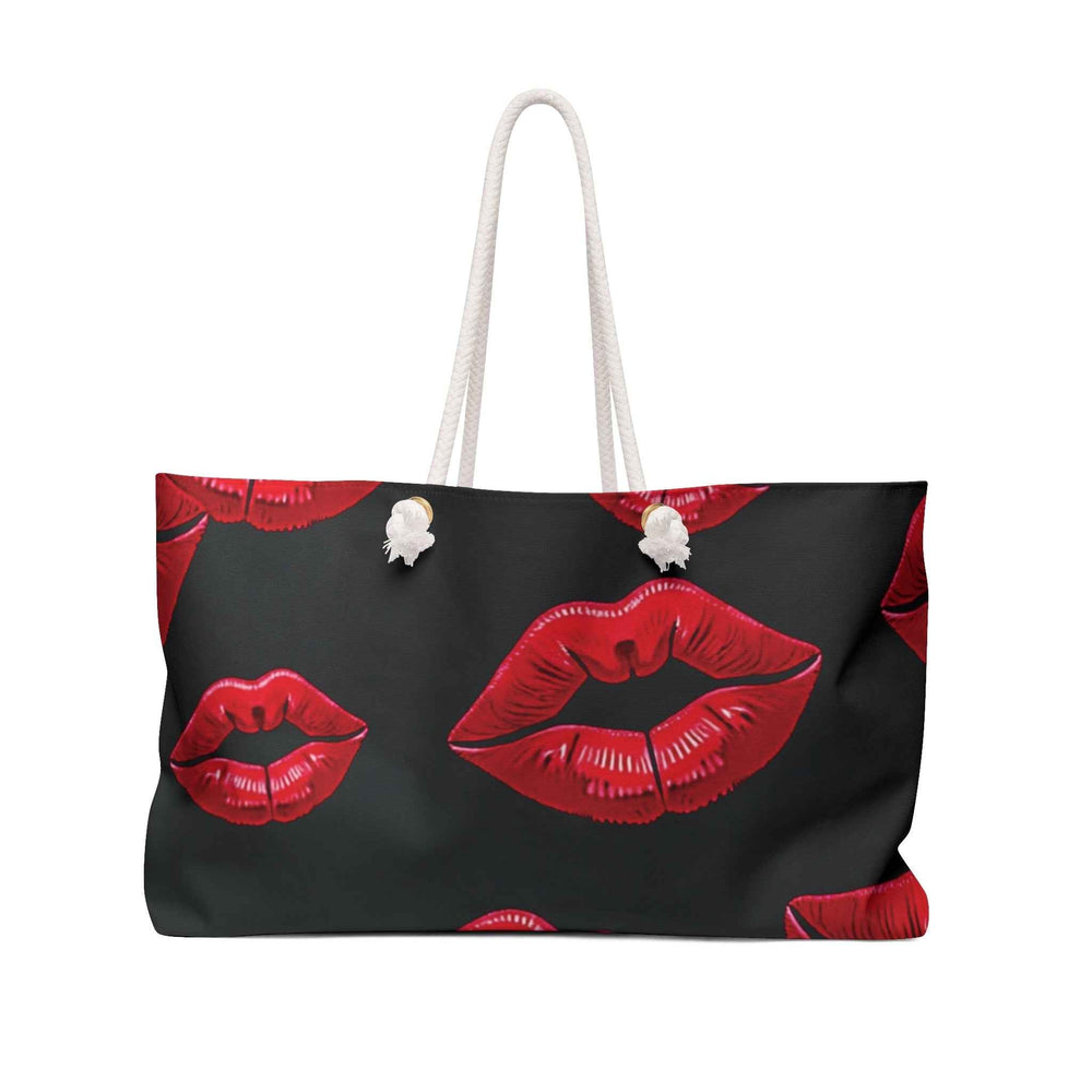 Sac de voyage week-end à imprimé lèvres rouges | Motif baisers audacieux, fond noir