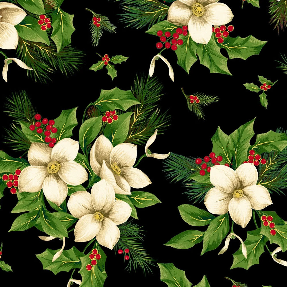 Windham 108" Wide Back -Black Christmas Blooms — Cottage Quilting Ltd.