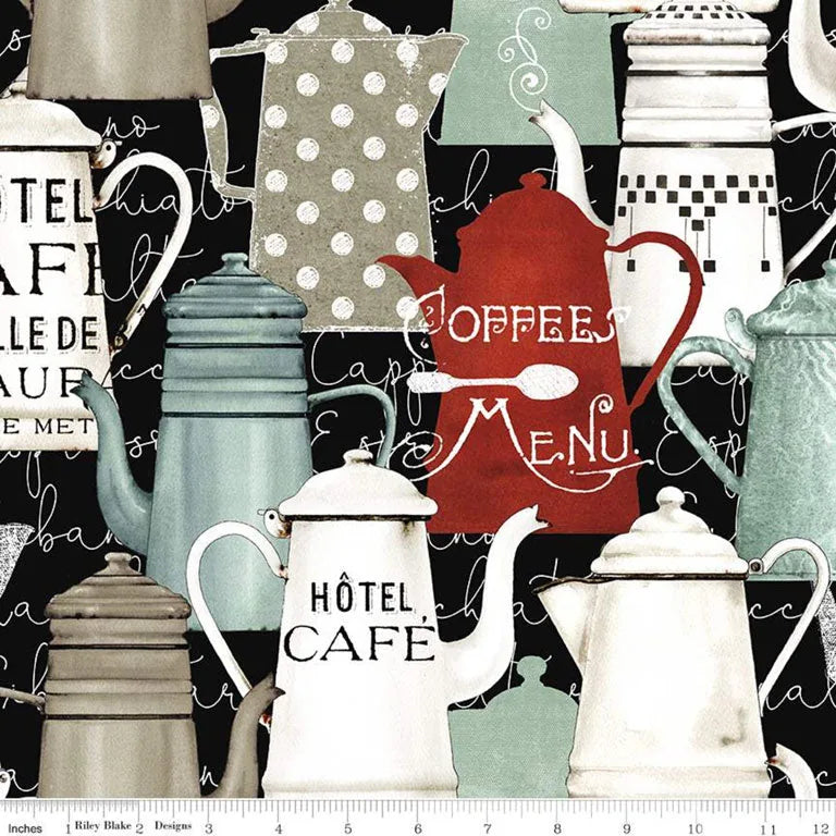 Riley Blake - Coffee Chalk - Cafetières Noir - CD11033R-BLACK