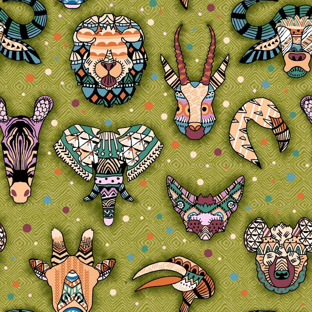 Paintbrush Studio UBUNTU 120-99792 Green Animal Heads — Cottage Quilting Ltd.