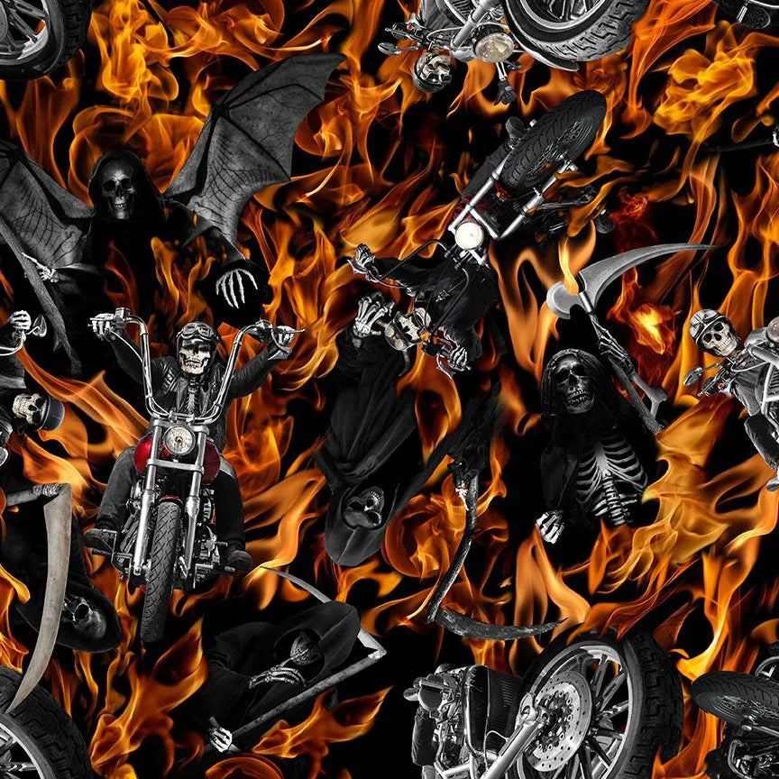 Motocyclettes enflammées de squelettes - Timeless Treasures - WICKED-CD2415