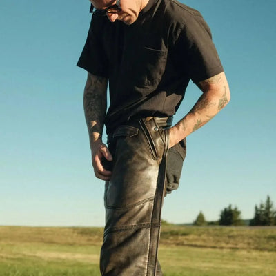 Chaps en cuir premium Open Road pour hommes, marron vieilli, 4 poches