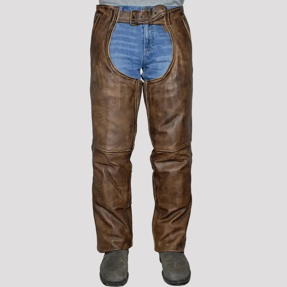 Open Road Men's Vintage Brown 4 Pocket Premium Leather Chaps — Boutique of Leathers/Open Road