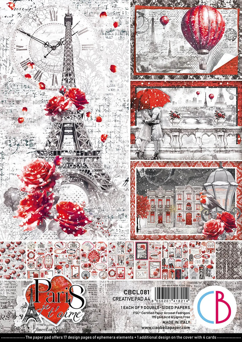 Bloc-notes créatif Paris Je t’aime A4 9/Paq