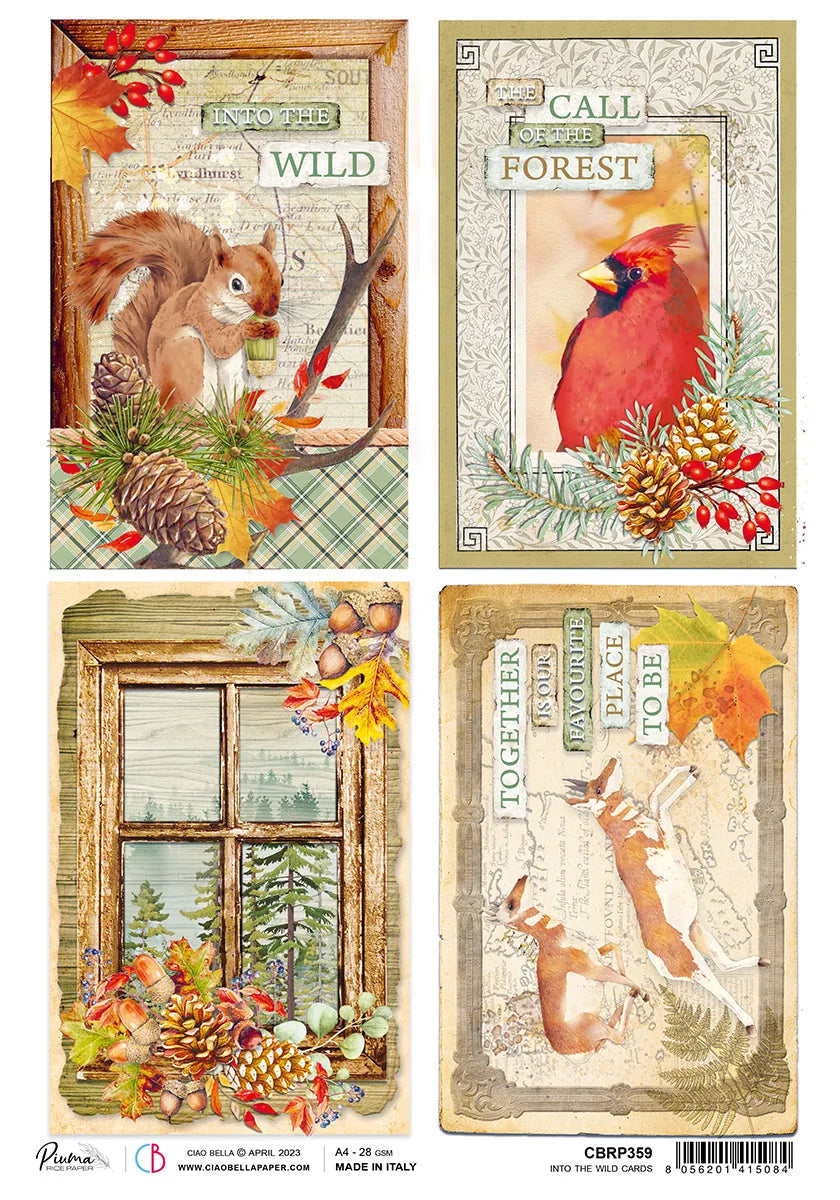 Ciao Bella Papier de Riz A4 Piuma Into The Wild Cartes - 5 Feuilles