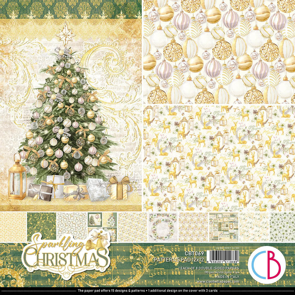 Ciao Bella Bloc de Papier Scintillant Motifs de Noël 12"x12" 8/Paquet