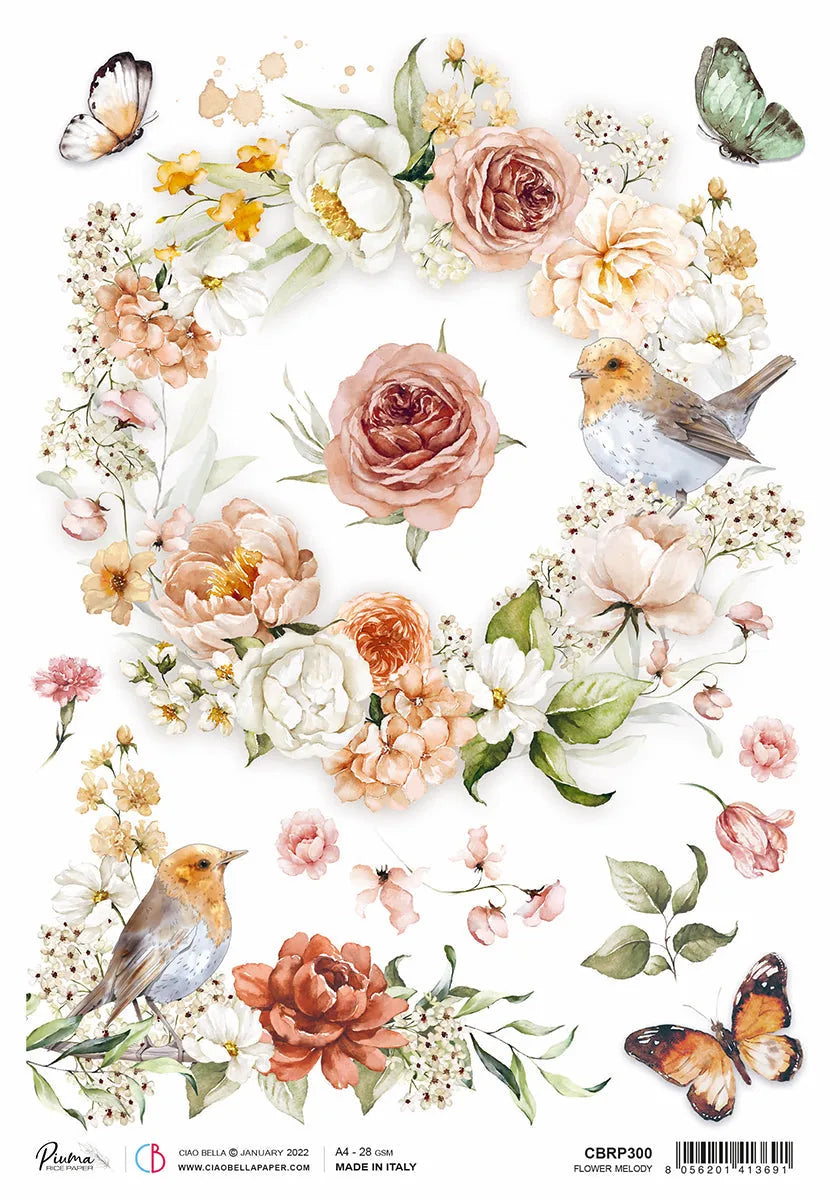Papier de riz A4 Piuma Mélodie florale - 5 feuilles