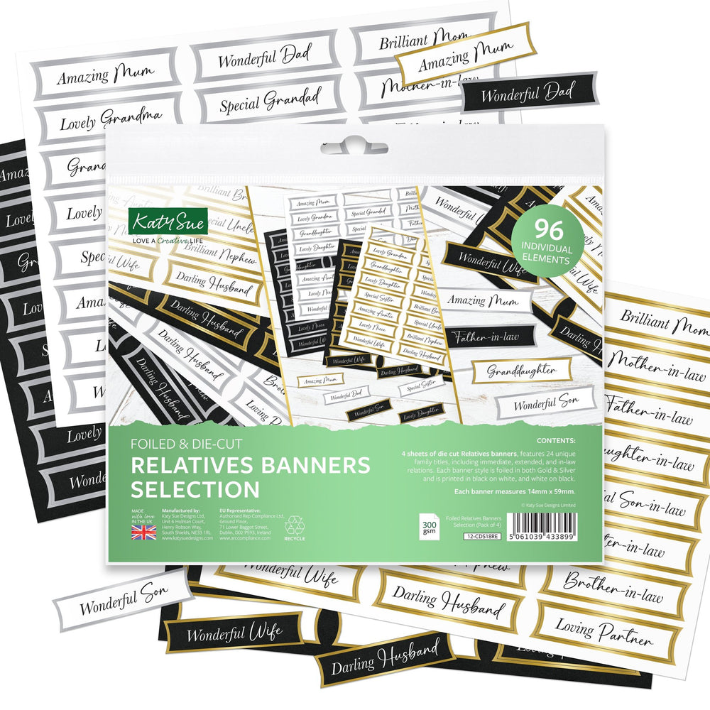 Foiled Relatives Banners Selection, 96 Sentiments — Ecstasy Crafts